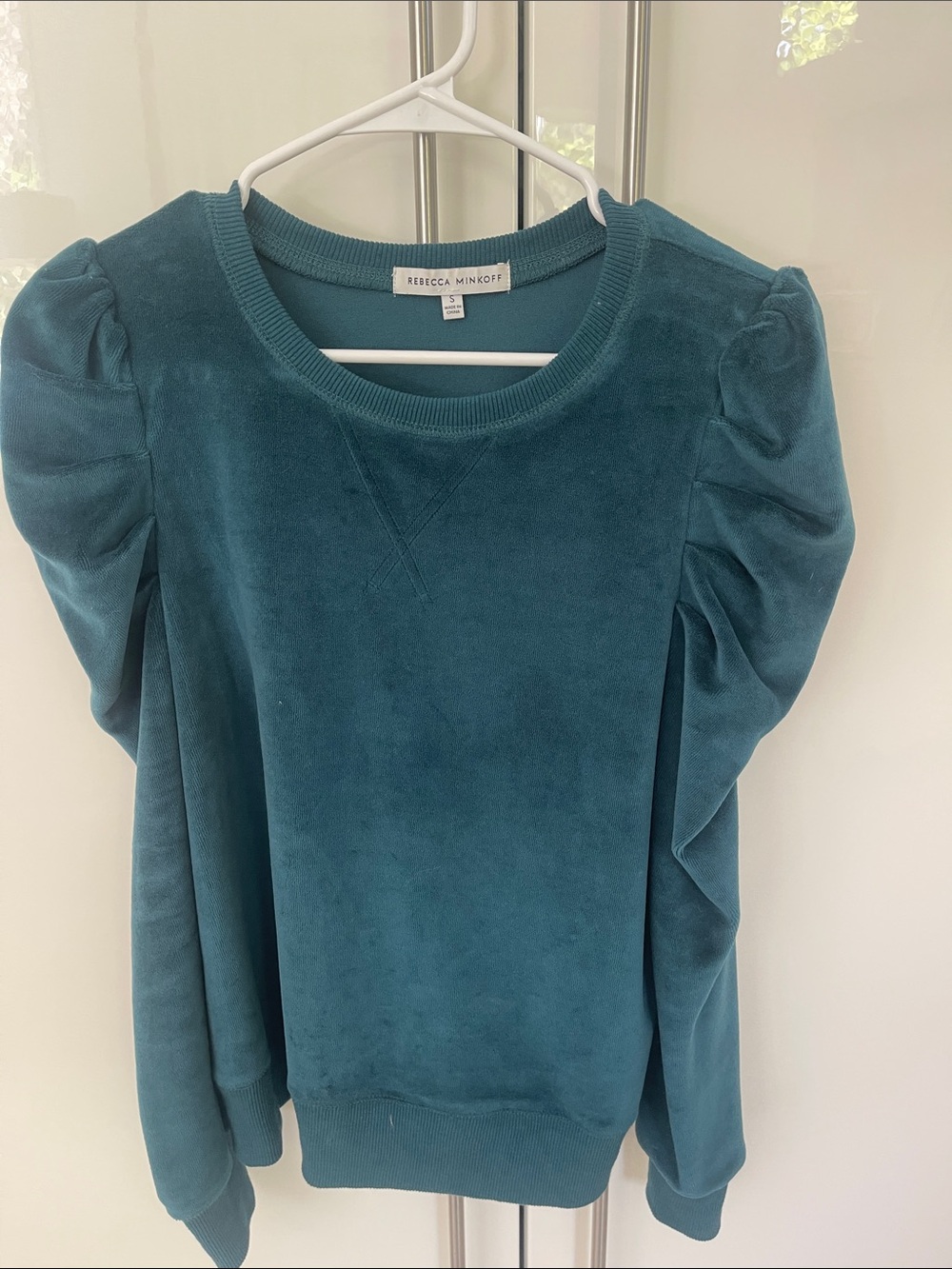 Rebecca Minkoff Teal Velvet Puff-Sleeve Sweatshirt